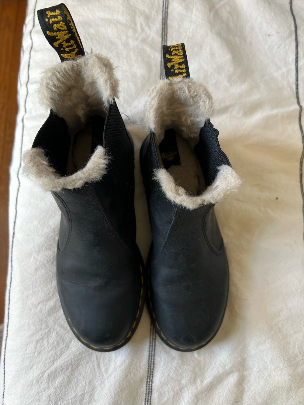 Dr. Martens Black Leather Fleece Chelsea Boots with Yellow Stitching - Picture 2 of 6